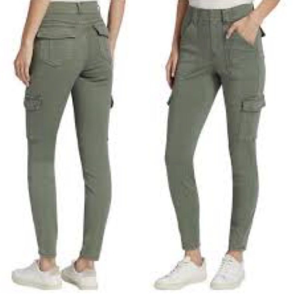 Spanx High Rise Stretch Twill Pull On Cargo Pants Darkened Olive Petite Sz M NWT